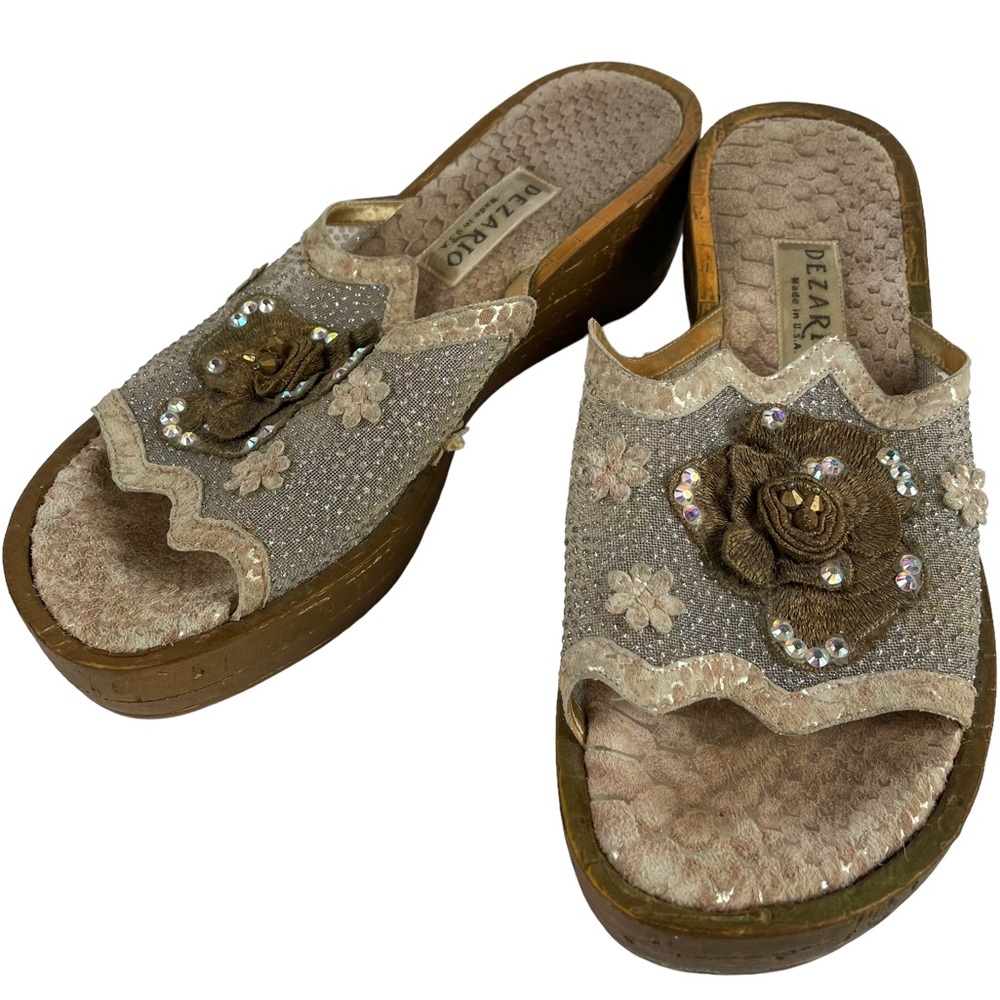Vintage Floral Appliqué Rhinestones Glitter Wedge SlipOn USA Dezario Sandals 9.5